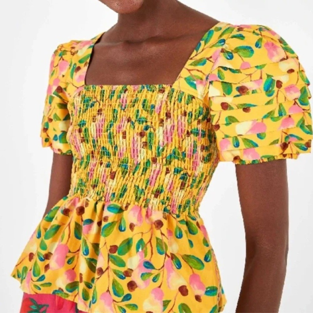 FARM Rio Mini Cashew Smocked Top Yellow Fruit Print Puff Sleeve Blouse M NWT